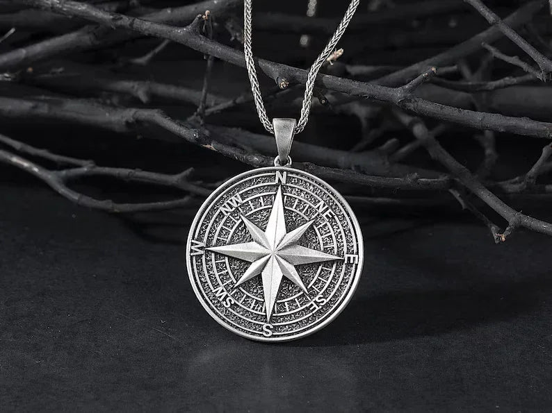 Handmade S925K Silver Compass Pendant Necklace