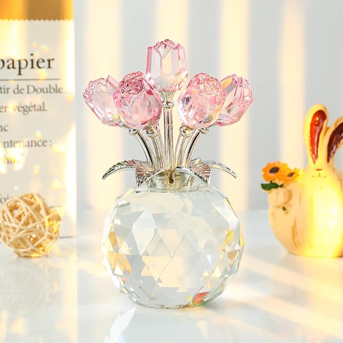 🔥Last Day 50% OFF - ❤️🌹Crystal Colorful Rose Flower Collectible Figurine with Vase💋