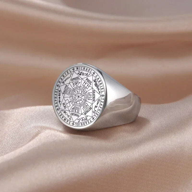 Vintage Titanium Seven Archangel Signet Ring - Amulet Against Evil Eyes, Curses, Spells
