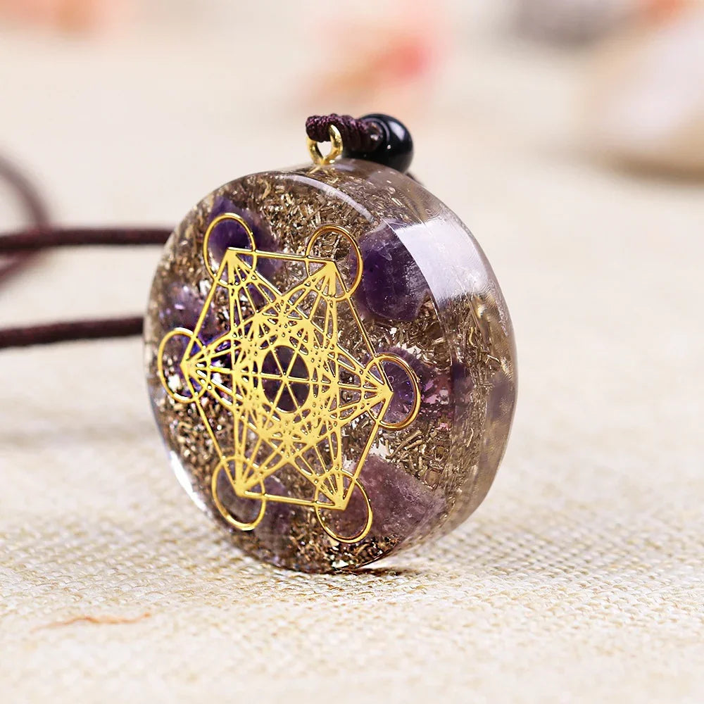 Natural Gemstone Charm Fashion Necklace Engrave Flower Of Life Multidimensional Metatron's Cube Pendant Reiki Heal Crystal Jewelry
