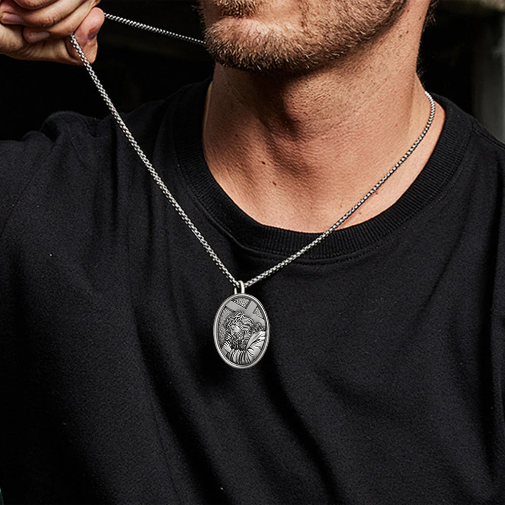 Divine Grace: Jesus Carrying the Cross with Sacred Heart S925 Sterling Silver Pendant Necklace