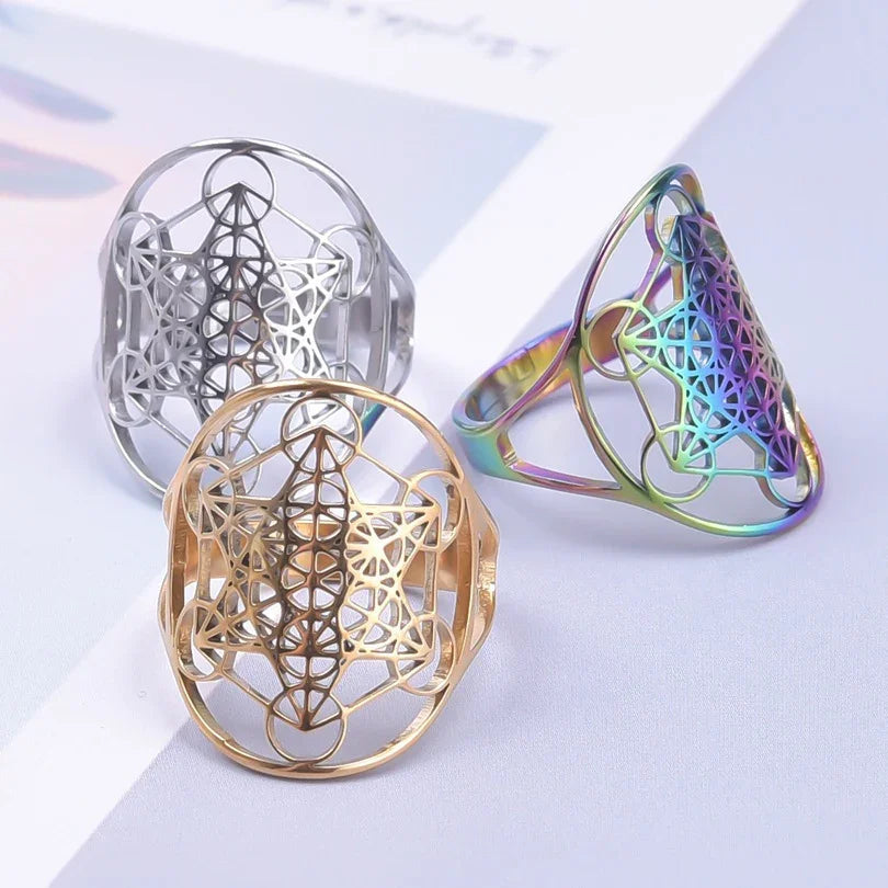 Metatron's Cube Ring Archangel Protection Women Ring Stainless Steel Jewelry
