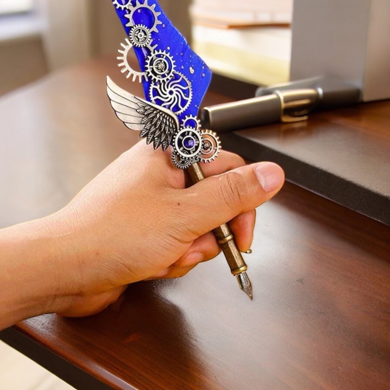 ✒️Blue Peacock Steampunk Wing Feather Dip Pen Set | Luxury Gift for Writers & Art Lovers🏆