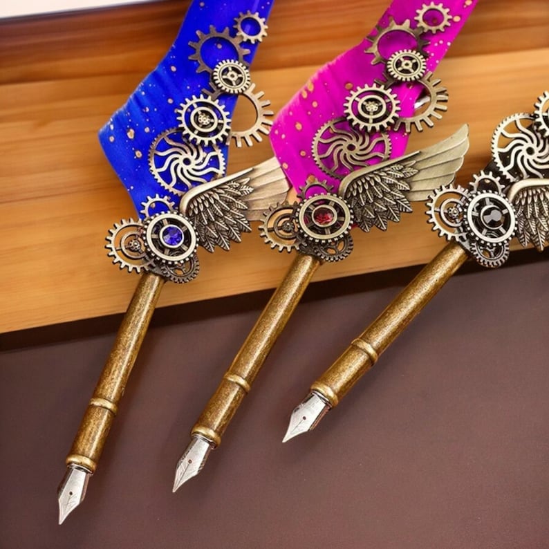 ✒️Blue Peacock Steampunk Wing Feather Dip Pen Set | Luxury Gift for Writers & Art Lovers🏆