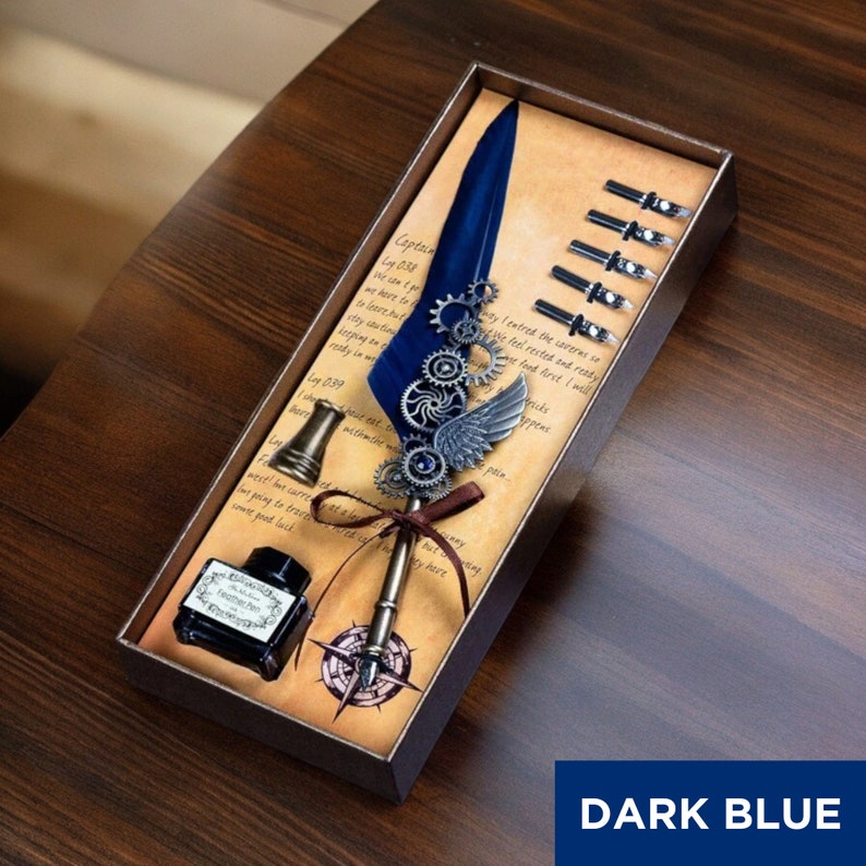✒️Blue Peacock Steampunk Wing Feather Dip Pen Set | Luxury Gift for Writers & Art Lovers🏆