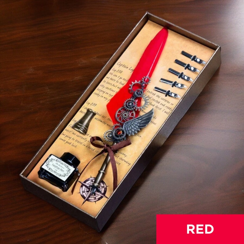 ✒️Blue Peacock Steampunk Wing Feather Dip Pen Set | Luxury Gift for Writers & Art Lovers🏆