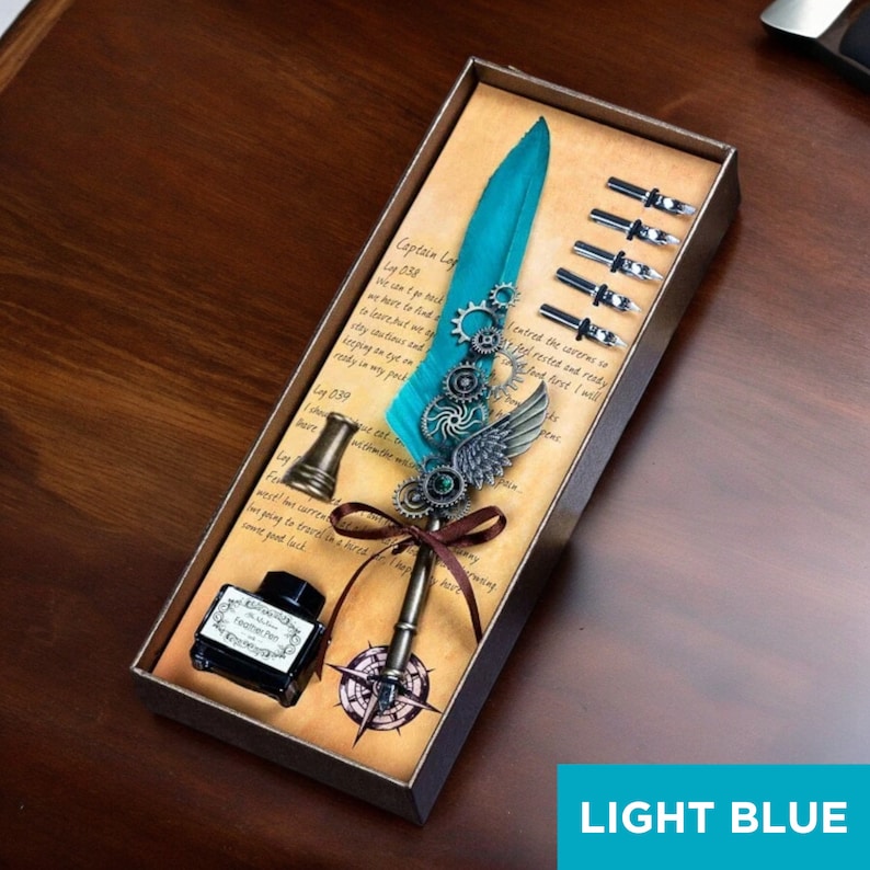 ✒️Blue Peacock Steampunk Wing Feather Dip Pen Set | Luxury Gift for Writers & Art Lovers🏆