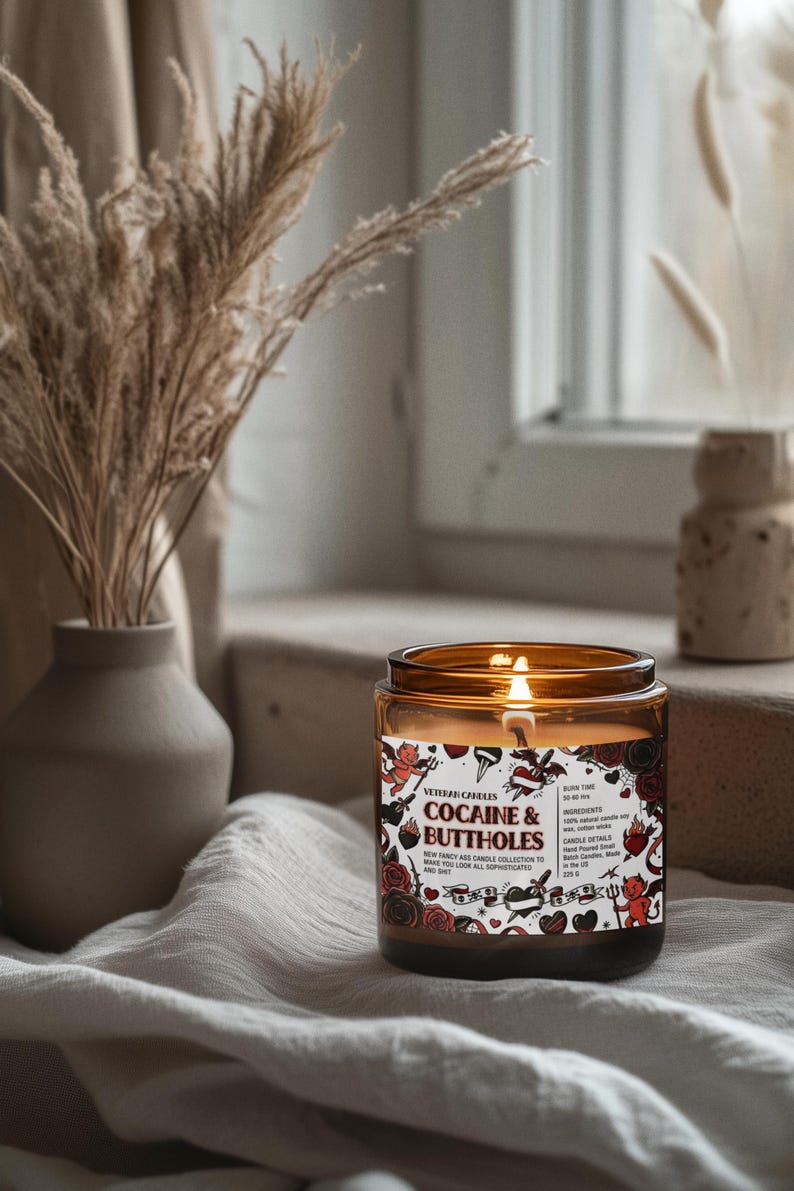 Funny Valentine’s Day Candle – Cocaine and Buttholes – Luxury Coconut & Apricot Wax, Scented or Unscented Gift for Her or Him
