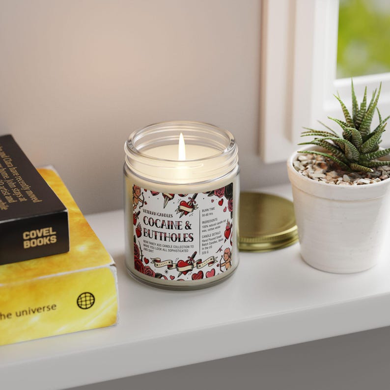Funny Valentine’s Day Candle – Cocaine and Buttholes – Luxury Coconut & Apricot Wax, Scented or Unscented Gift for Her or Him