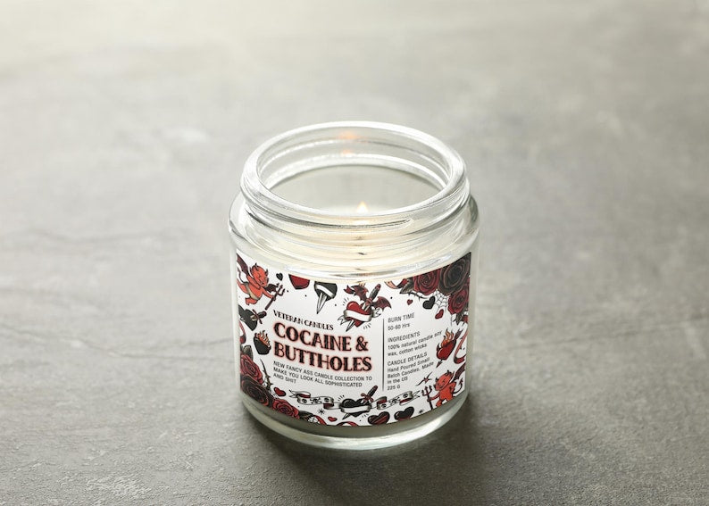 Funny Valentine’s Day Candle – Cocaine and Buttholes – Luxury Coconut & Apricot Wax, Scented or Unscented Gift for Her or Him
