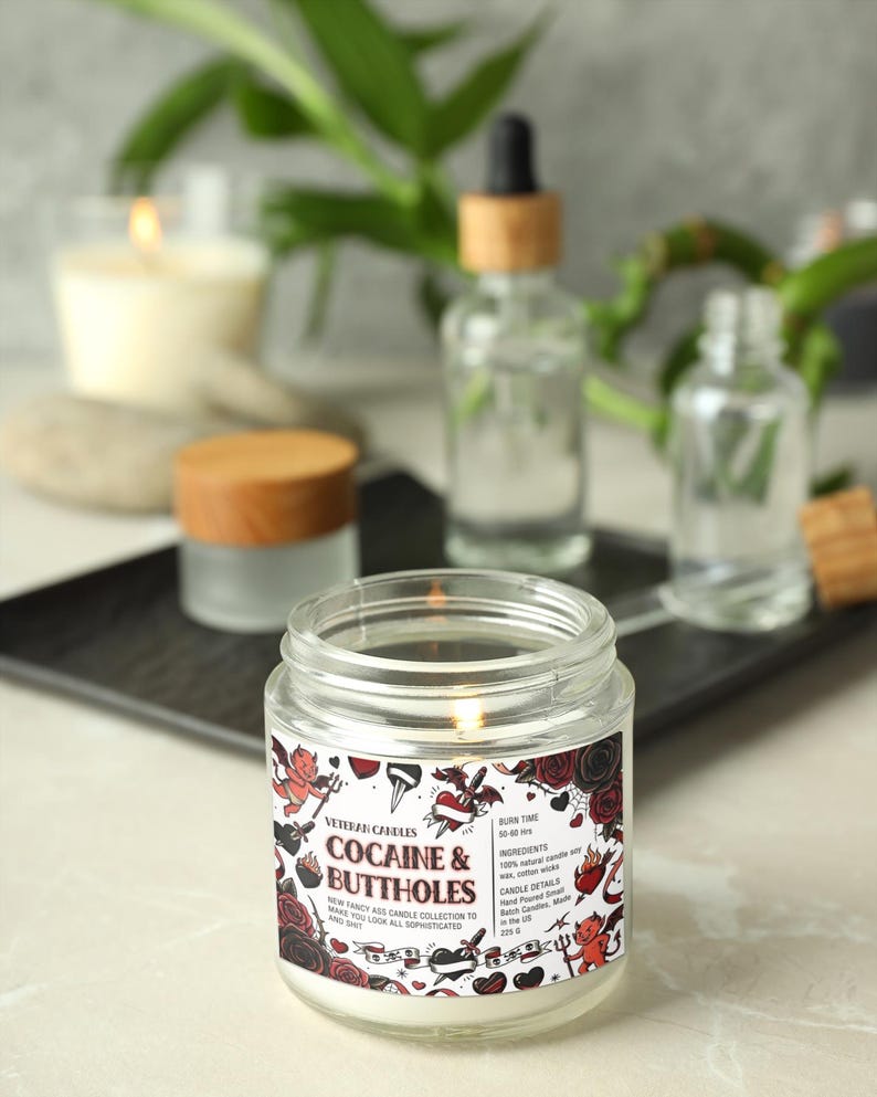 Funny Valentine’s Day Candle – Cocaine and Buttholes – Luxury Coconut & Apricot Wax, Scented or Unscented Gift for Her or Him