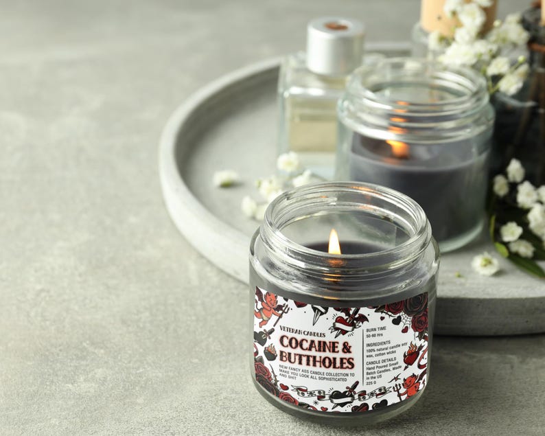 Funny Valentine’s Day Candle – Cocaine and Buttholes – Luxury Coconut & Apricot Wax, Scented or Unscented Gift for Her or Him