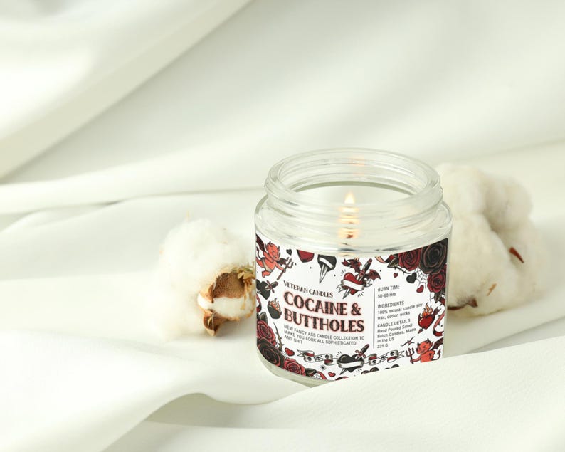 Funny Valentine’s Day Candle – Cocaine and Buttholes – Luxury Coconut & Apricot Wax, Scented or Unscented Gift for Her or Him