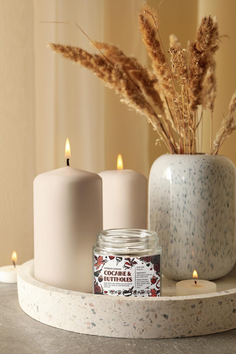 Funny Valentine’s Day Candle – Cocaine and Buttholes – Luxury Coconut & Apricot Wax, Scented or Unscented Gift for Her or Him