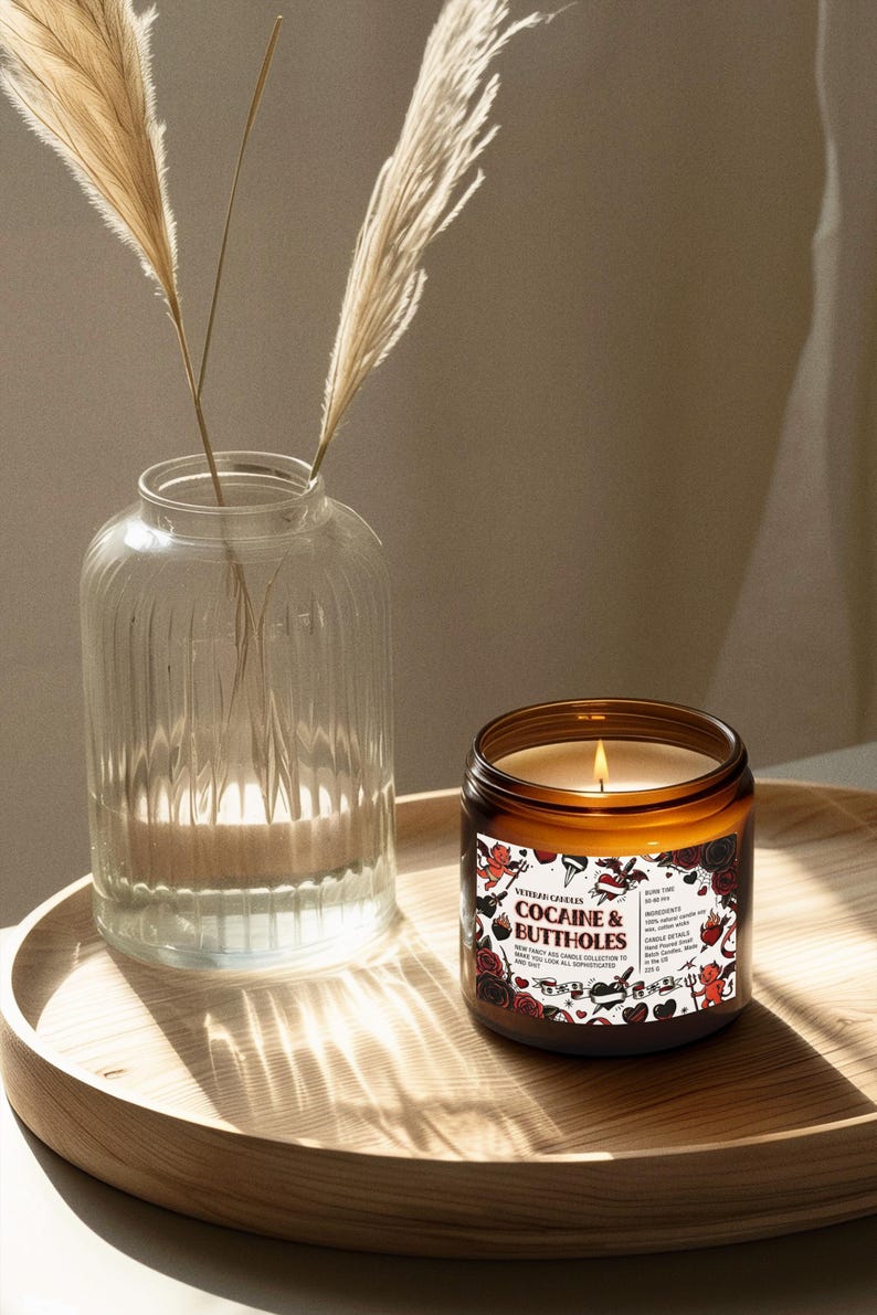 Funny Valentine’s Day Candle – Cocaine and Buttholes – Luxury Coconut & Apricot Wax, Scented or Unscented Gift for Her or Him