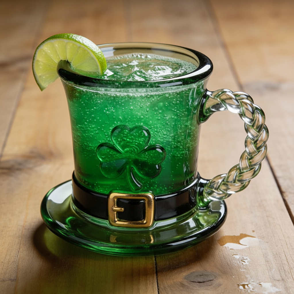 Lucky Shamrock Leprechaun Hat Glass Mug - 11oz Emerald Green Coffee Cup💋