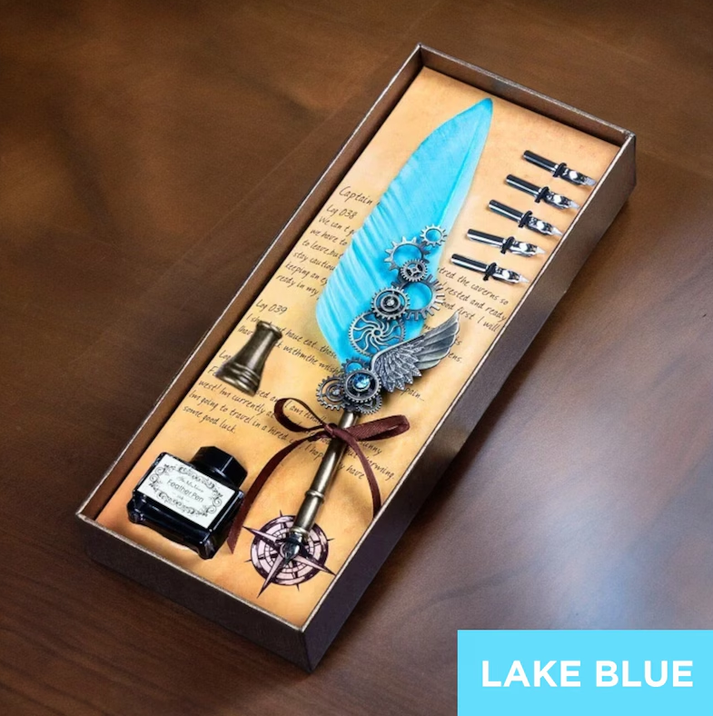 ✒️Blue Peacock Steampunk Wing Feather Dip Pen Set | Luxury Gift for Writers & Art Lovers🏆